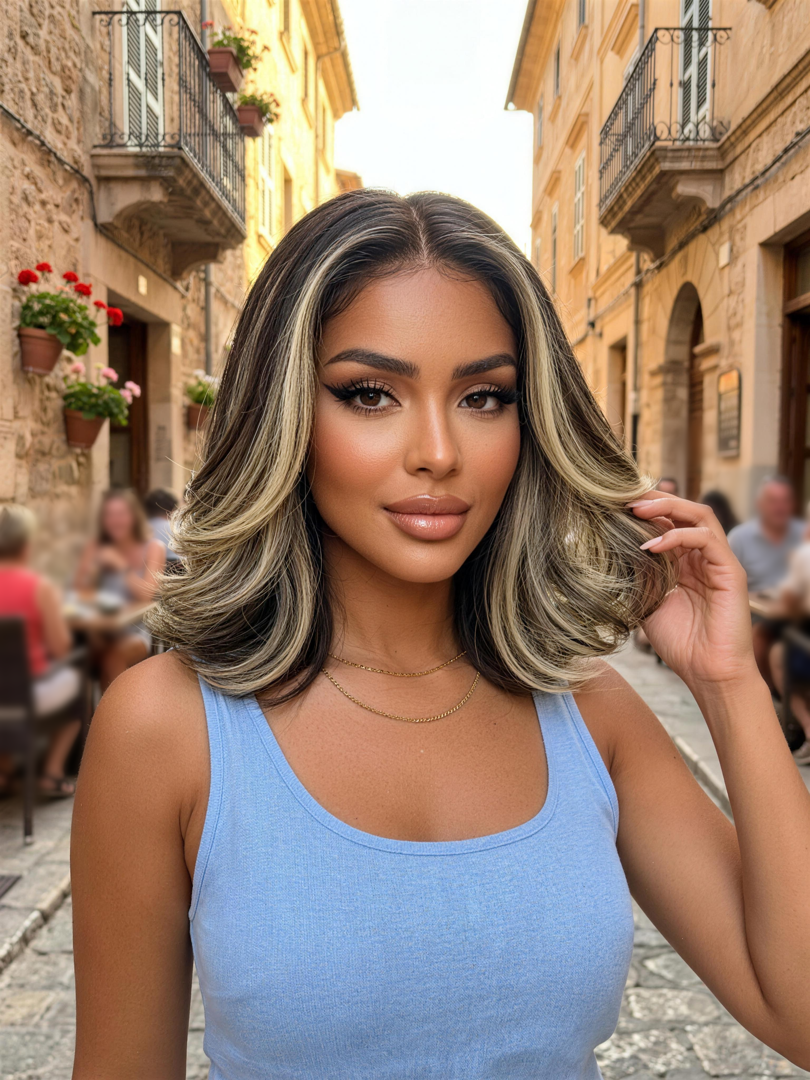 Nadula 7x5 No Slip Wig Brunette Base with Platinum Face-Framing Highlights Feathered Layered Blowout Bob Wig Glueless Human Wig