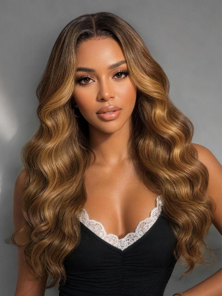 Nadula 7x5 Warm Honey Caramel Balayage Body Wave Wig with Blonde Face-Framing Highlights Long Human Hair Wig