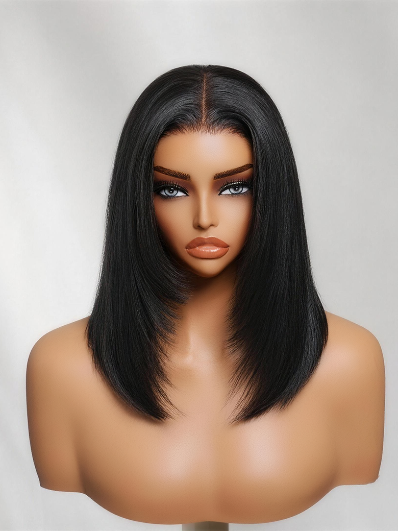 Nadula Natural Black Silk Straight Bob with Soft Face-Framing Layers Layered Cut Bob Full Lace Wig 180% Density