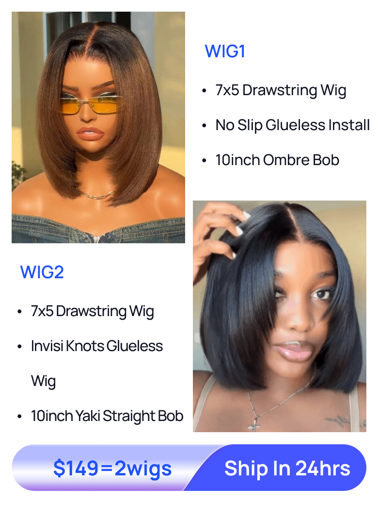 $149=2 Wigs | Nadula 7x5 Bye Bye Knots 10 Inch Bob Wig Natural Color and Chestnut Brown Ombre Drawstring Wig
