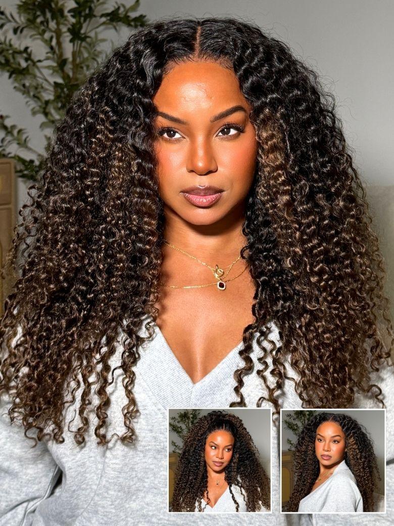 Nadula Flash Sale 7x5 Chestnut Brown Ombre Burmese Curly Glueless Wigs Elastic Drawstring Snug Fit Put On and Go Wig with Finger Coils Ends