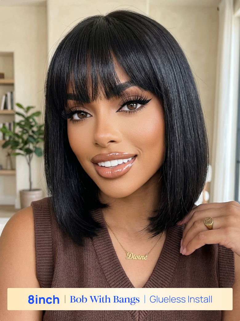 BOGO Free | Nadula 8 Inch Human Hair Bob Wig With Bangs 150% Density Gift
