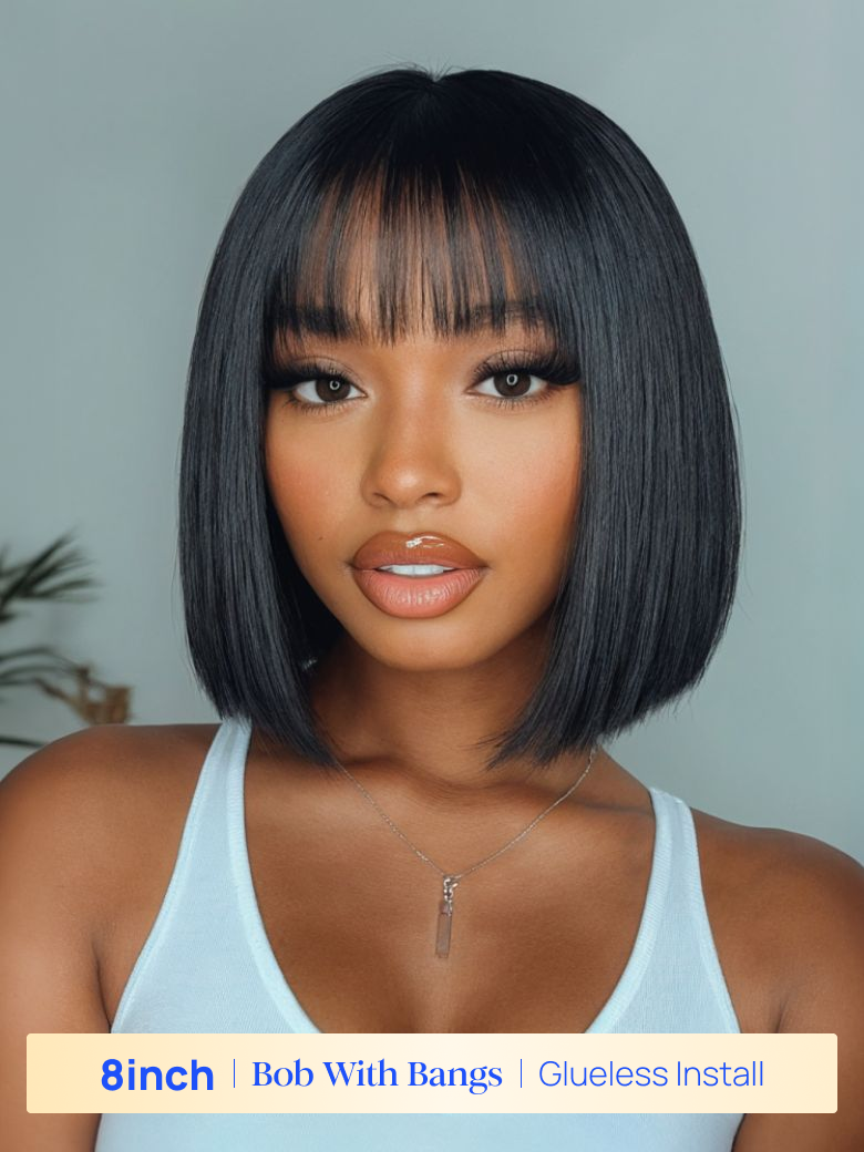 BOGO Free | Nadula 8 Inch Human Hair Bob Wig With Bangs 150% Density