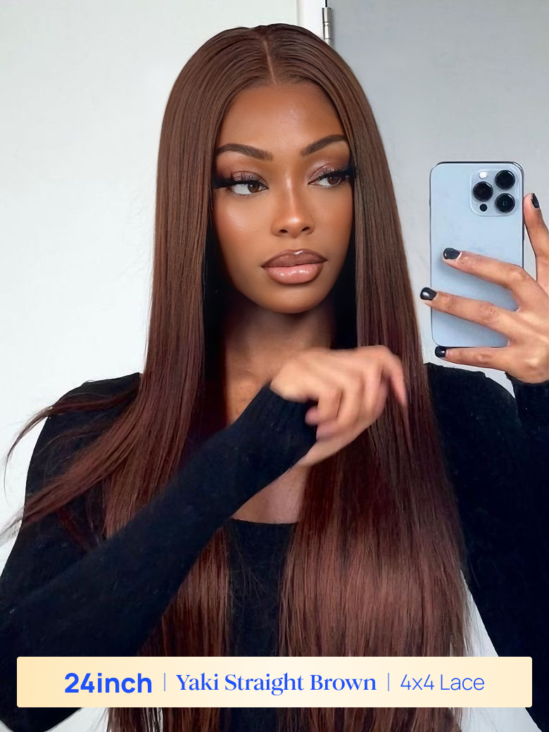 BOGO FREE 24 inch 4x4 Pre Cut Lace Yaki Straight Brown Color
