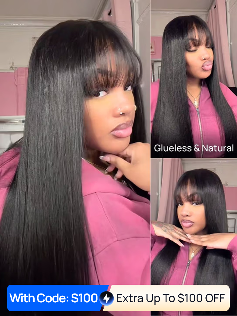 Code: S100 | Nadula 50% Off Flash Sale Yaki Straight Layered Wig with Bangs Glueless Human Hair Wig Classic Cap