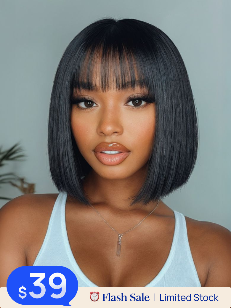 $39 Flash Sale | Nadula Short Bob Wig with Bang Natural Black Straight Hair Beginner Friendly Glueless Wig Classic Cap