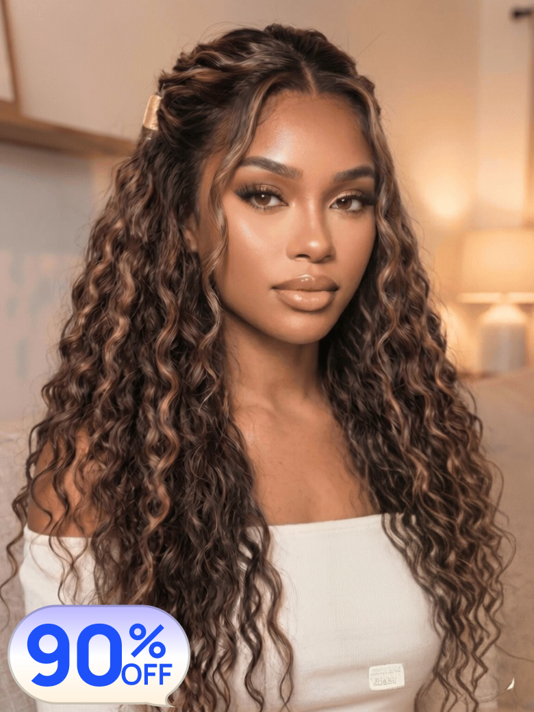 Nadula Super Sale 7x5 Byebye Knots Golden Brown Highlight Wig Water Wave Bye Bye Knots Lace Closure Wigs