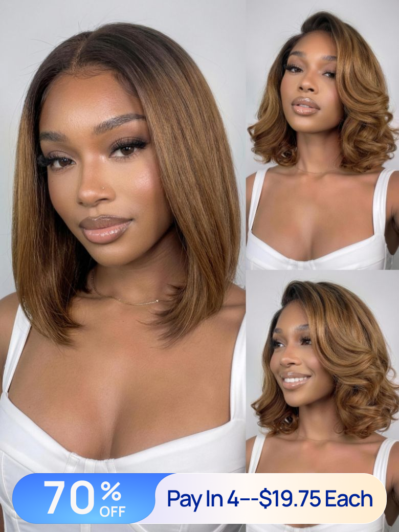 Pay in 4 $19.75 Each | Nadula Flash Sale 7x5 Chestnut Brown Pre-Bleached Lace Yaki Bob Hair Put On And Go Glueless Human Hair Wigs