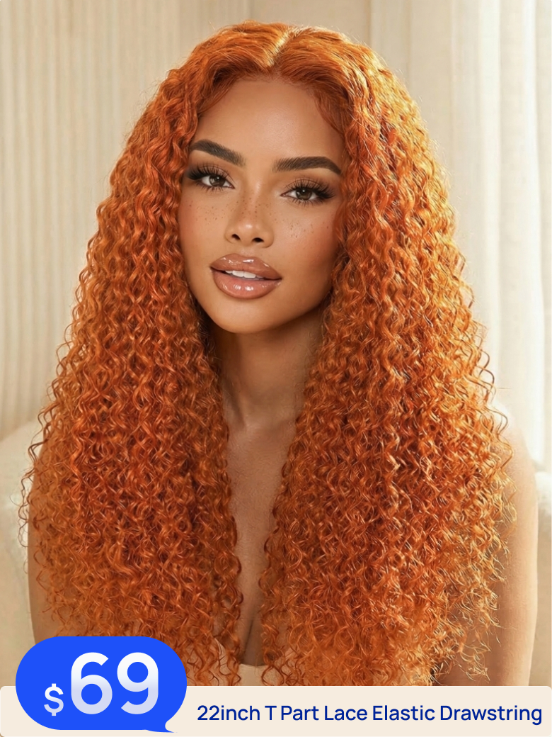 $69 = 22inch |Nadula Flash Sale Ginger Curly Hair 4x0.75 Minimalist T Part Lace Pre Plucked Human Hair Wigs 180% Density