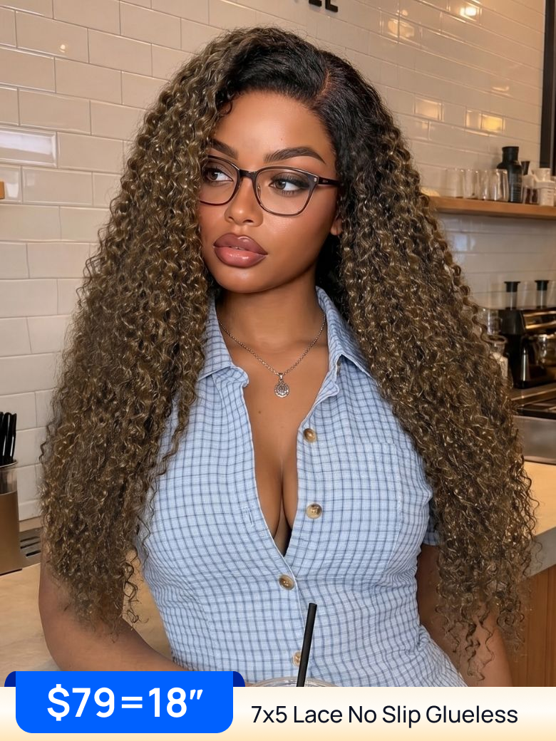 Nadula 7x5 Ash Brown Ombre Curly Wig Side Part No Slip Human Hair Wigs with Invisi Drawstring