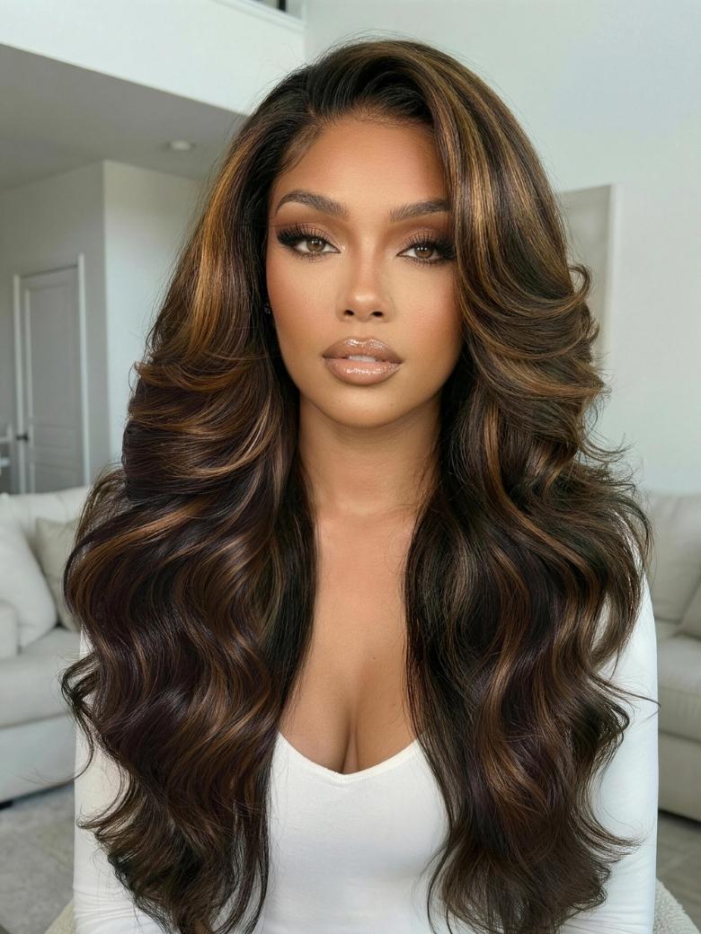 Nadula 7x5 No Slip Wig Golden Brown Highlight Wig Body Wave Lace Closure Glueless Human Wig with Drawstring