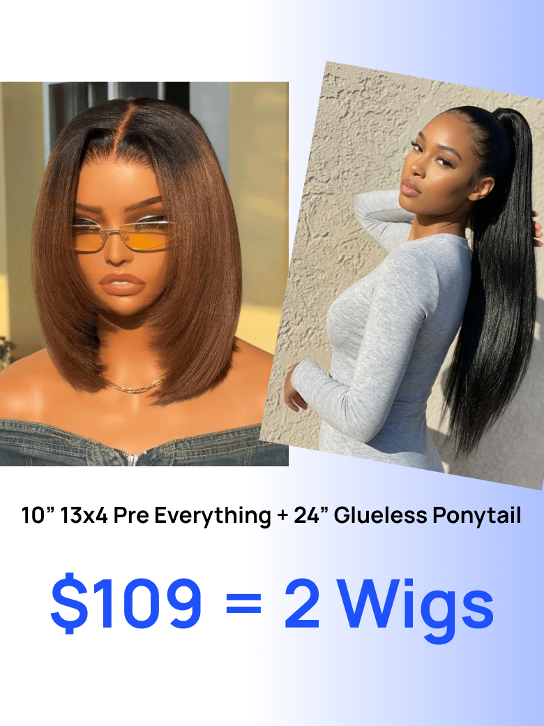 $109=2 Wigs| Nadula 10 Inch 13x4 Pre Everything Drawstring Wig and 24inch Yaki Straight Ponytail Wig