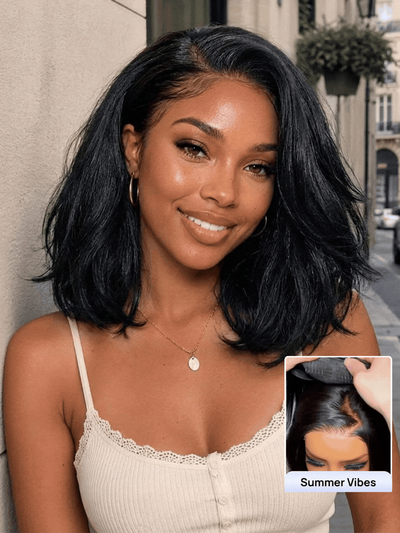 Nadula Yaki Stiaght Bob Wig Flip Over 3/4 Half Wig Blend & Secure Put On and Go Blow Out Human Hair Wigs