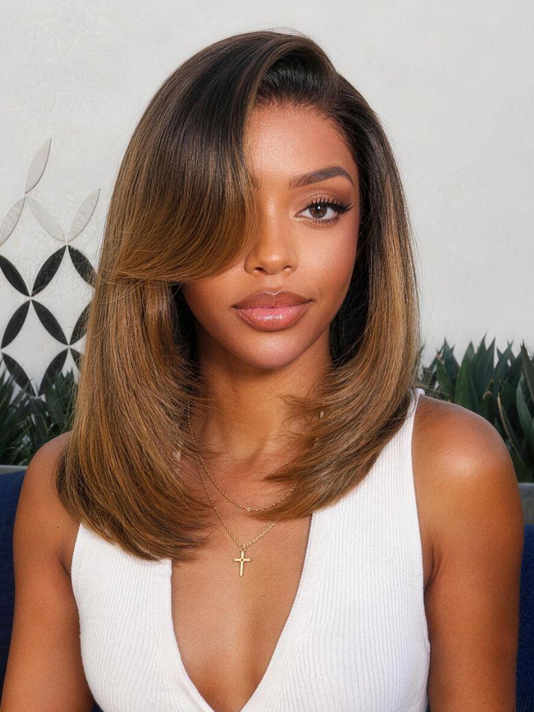 Nadula 7x5 No Slip Wig Caramel Brown Ombre Wig 90s Blowout Bob Wig with Side Part Bangs Glueless Human Hair Wig