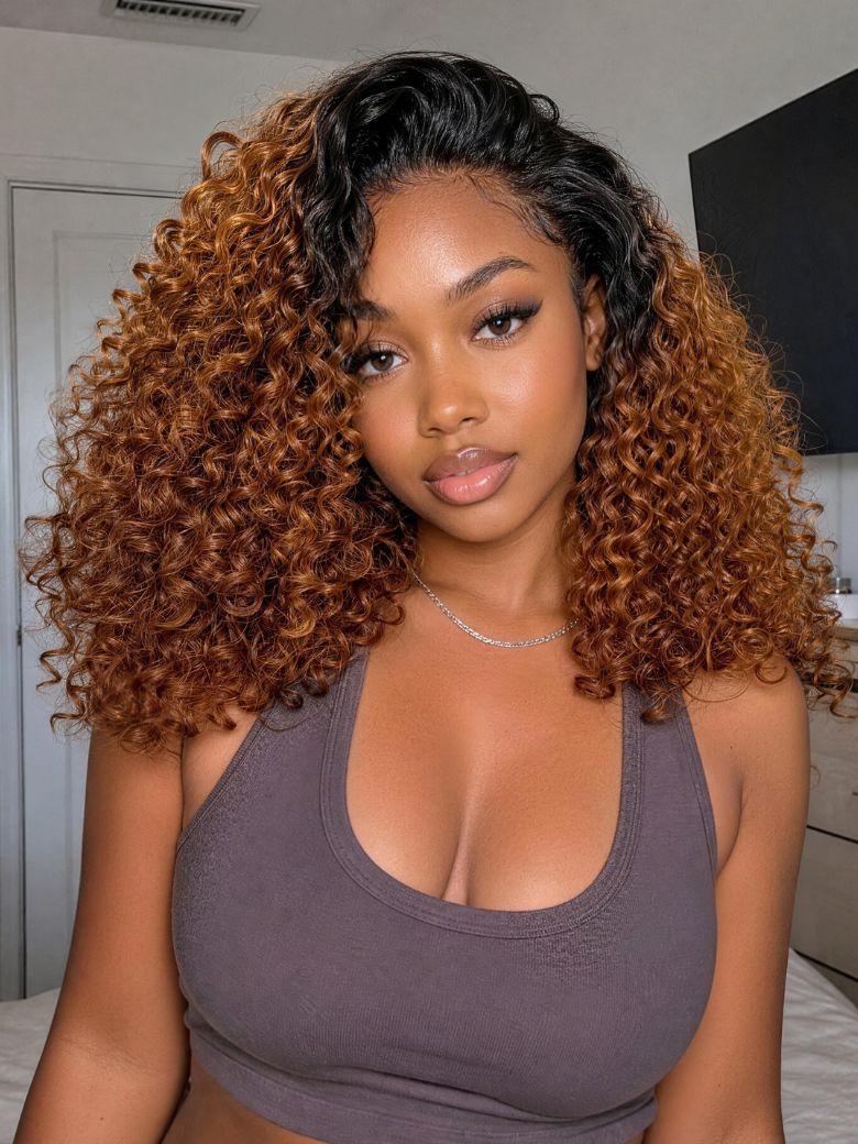 Nadula Flip Over 3/4 Half Wig Black to Copper Brown Ombre Curly Half Wig with Adjustable Drawstring Glueless Headband Wig