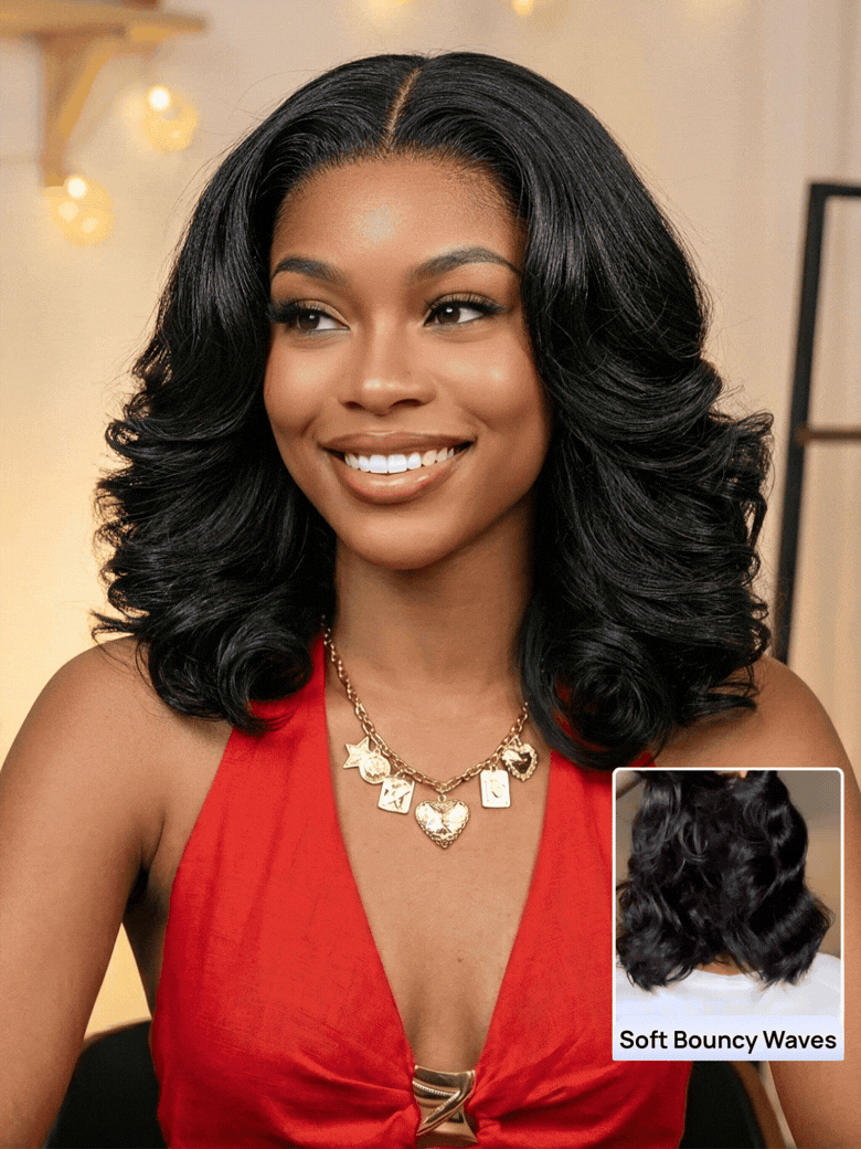 Nadula 7x5 Glueless Wig Soft Glam Layered Blowout Bob Wig Shoulder-Length Bouncy Soft Curl Human Hair Wig