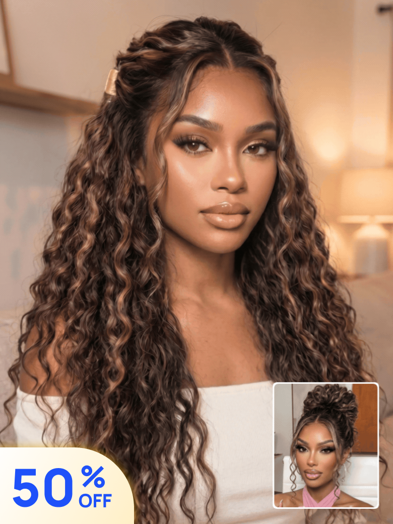 50% OFF | Nadula Flash Sale 7x5 Byebye Knots Golden Brown Highlight Wig Water Wave Bye Bye Knots Lace Closure Wigs