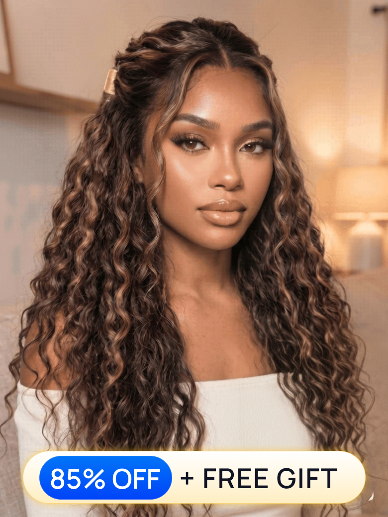 13x4 Pre Everything |Nadula Warm Caramel Brown Water Wave Wig with Honey Highlights Sun-Kissed Golden Brown Body Wave Human Hair Wig