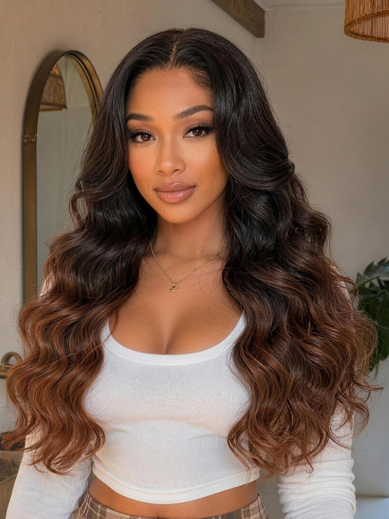 Nadula 13x4 No Slip Wig Mahogany Brown Ombre Body Wave Wig Long Layered Glam Wave Lace Frontal Glueless Human Hair Wig