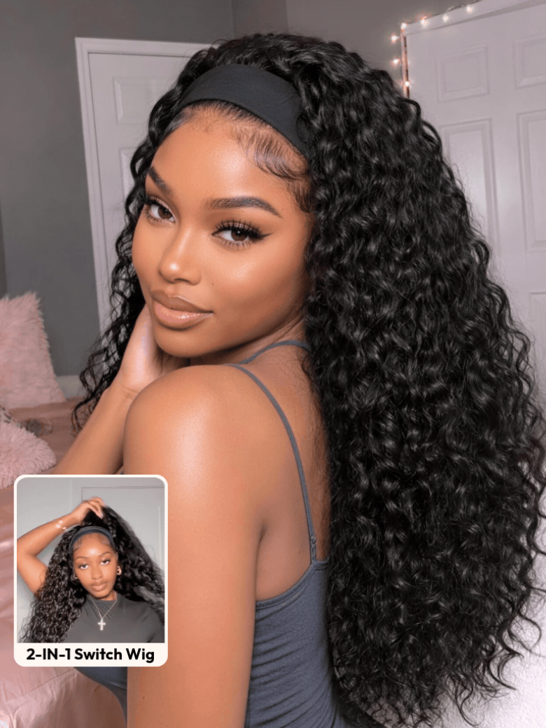 Nadula 2-in-1 Switch™ Headband Wig Human Hair Wig Water Wave 100% Human Hair Put On and Go Glueless Wig with Drawstring