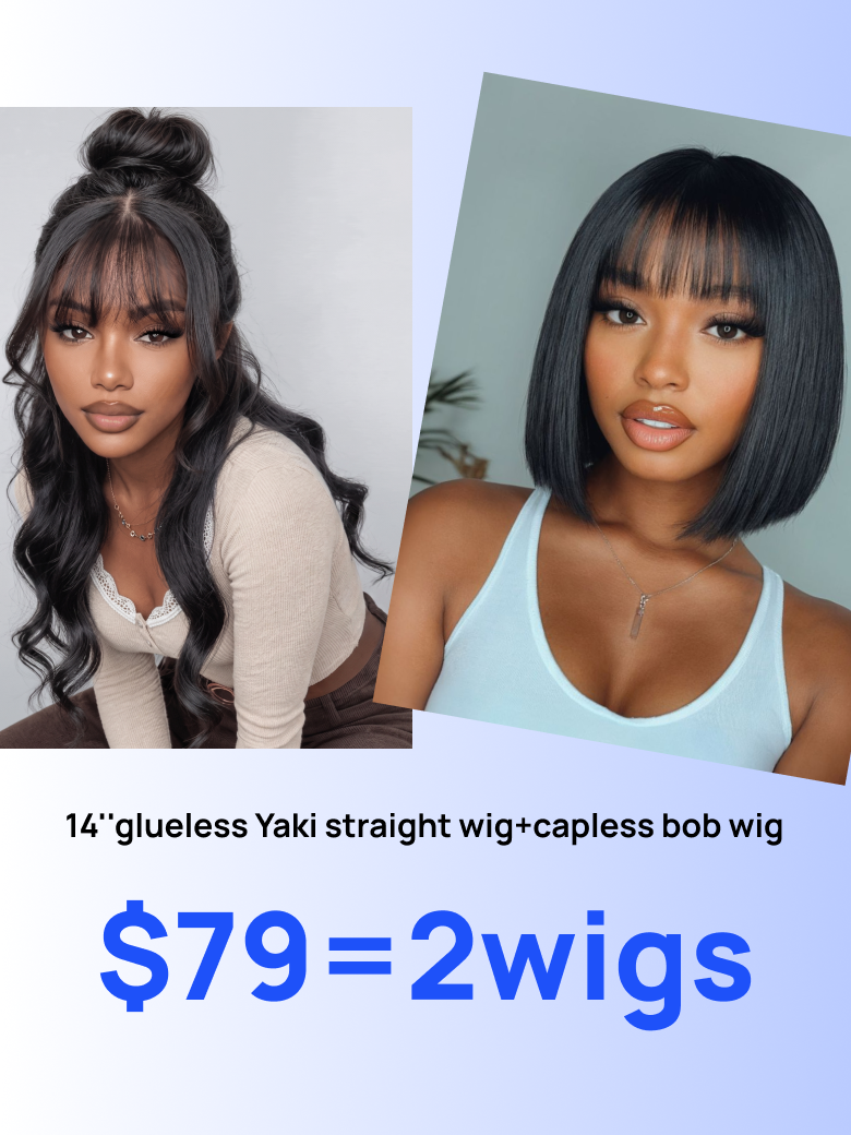 $79=2 Wigs | Nadula Flash Sale 14 Inch Yaki Straight Wig And Glueless Bob Wig With Bangs