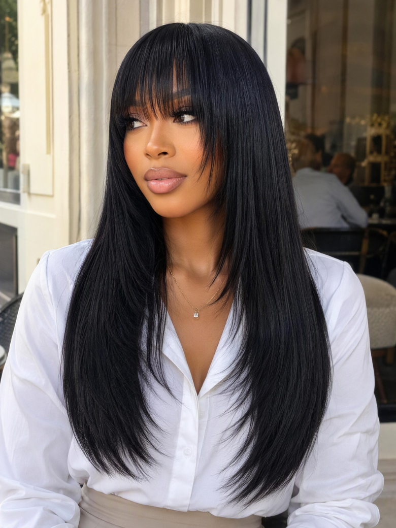 Nadula Glueless Minimalist Lace Long Layered Yaki Straight Wig with Wispy Bangs Machine-Made Wig 100% Human Hair