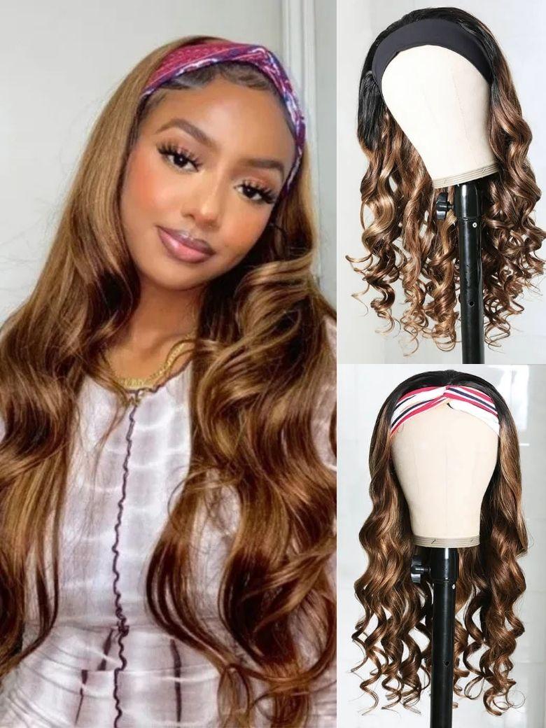 Nadula Blonde Highlight Human Hair Headband Wigs 150% Density Body Wave Hair Wigs Wear And Go