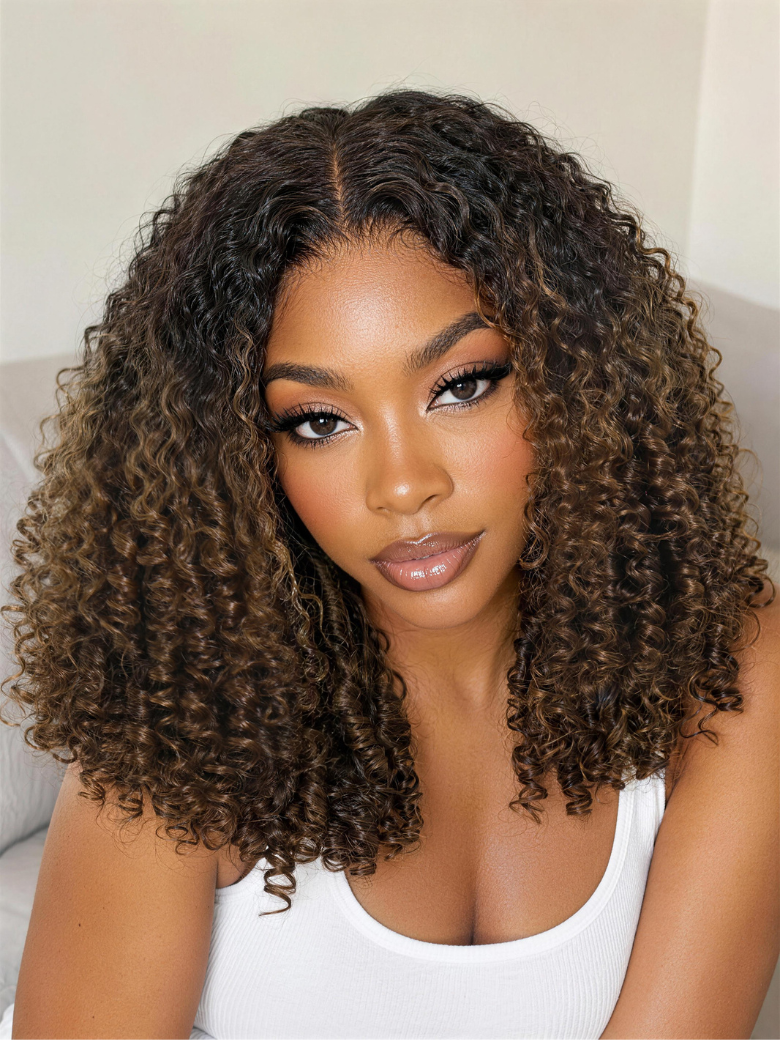 Nadula 7x5 No Slip Wig Black to Chestnut Brown Ombre Burmese Curly With Finger Coil Ends Glueless Human Hair Wig