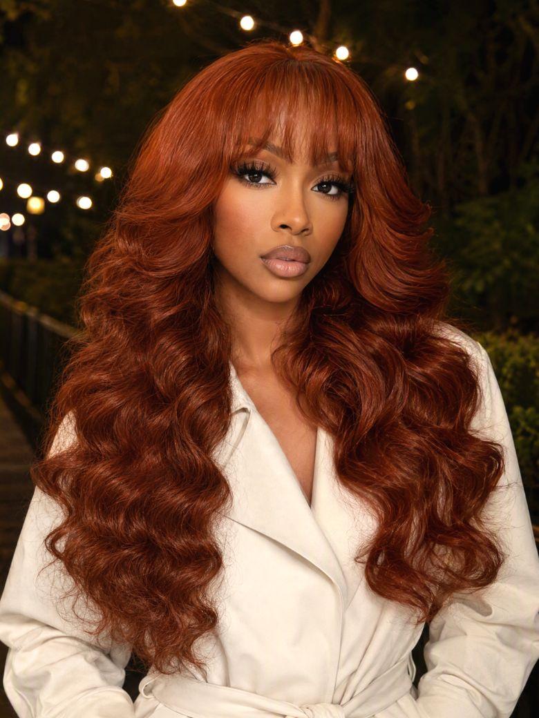 Nadula 7x5 No Slip Reddish Brown Loose Wave with Face Framing Curtain Bangs Put On and Go Glueless Wigs