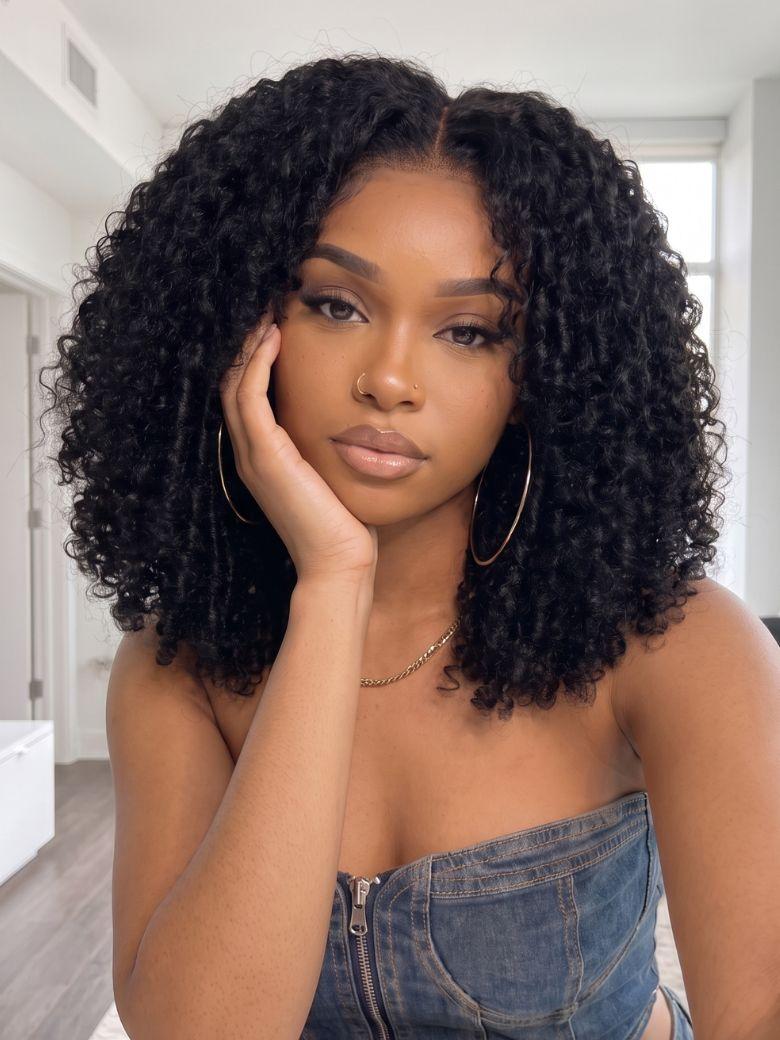 Nadula 7x5 No Slip Natural Color Kinky Curly Wig with Finger Coils Put On and Go Glueless Wigs