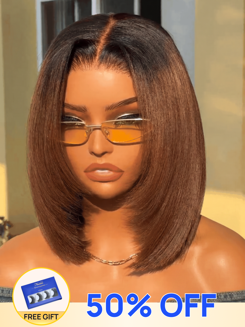 50% OFF + Free Gifts Sale | Nadula Flash Sale Chestnut Brown Ombre Yaki Straight Bob Wig 7x5 Natural Looking Glueless Wig with Invisi Drawstring