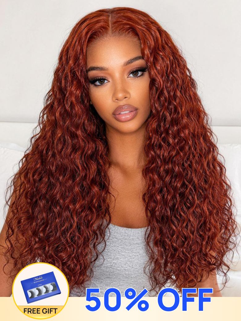50% OFF + Free Gifts Sale | Nadula Flash Sale No Slip Wig 7x5 Reddish Brown Water Wave Invisible Knots Put On And Go Glueless Wig