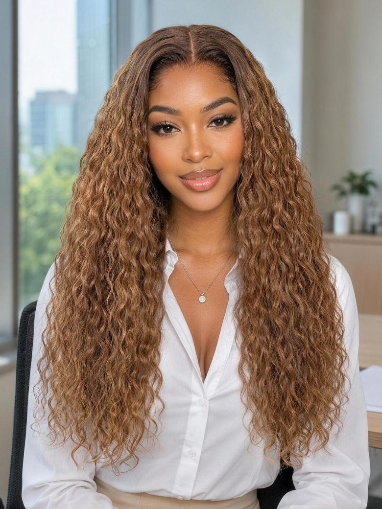Nadula 7x5 Sun-Kissed Brown Water Wave Wig Lace Closure Glueless Human Hair Wig with Drawstring