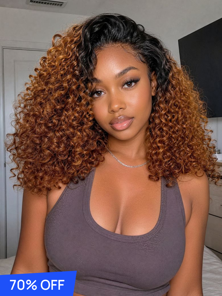 70% OFF | Nadula F;ash Sale Flip Over 3/4 Half Wig Black to Copper Brown Ombre Curly Half Wig with Adjustable Drawstring Glueless Headband Wig
