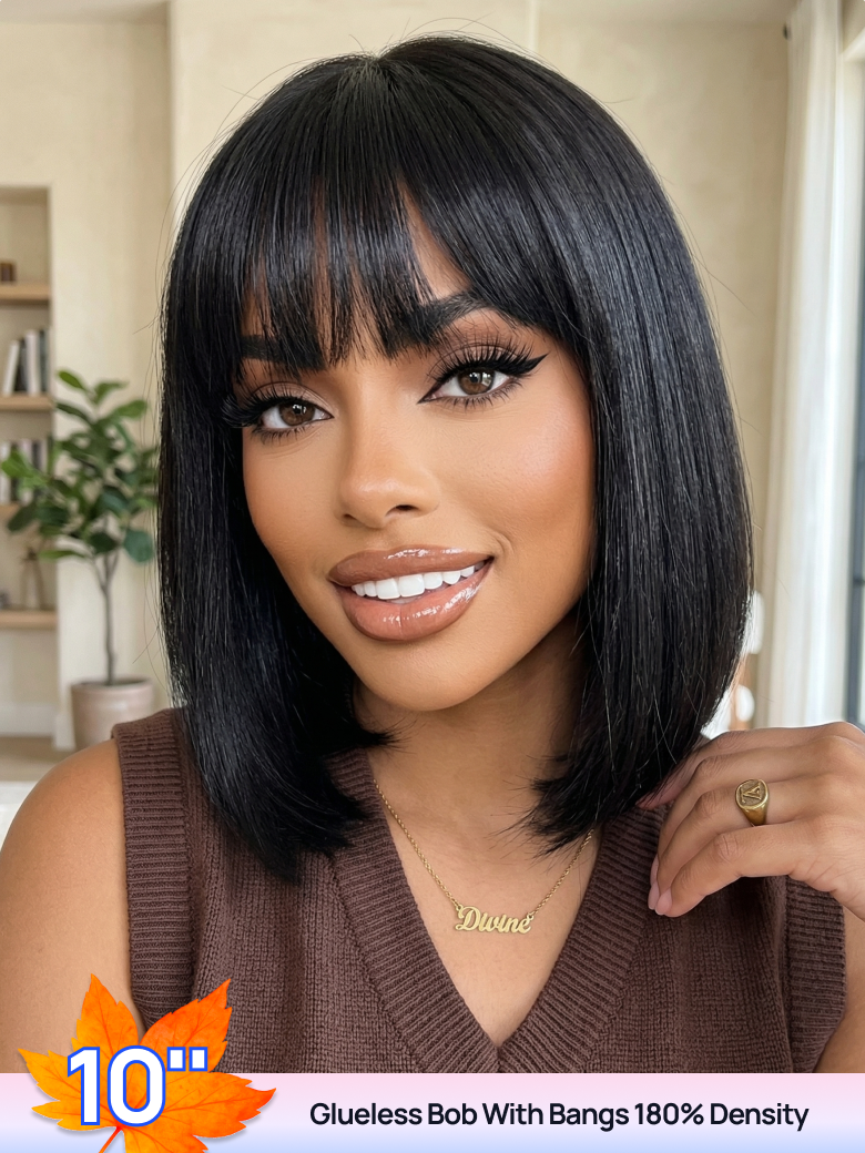 BOGO FREE 10 inch 180% Density Glueless Bob Wig With Bangs Classic Cap
