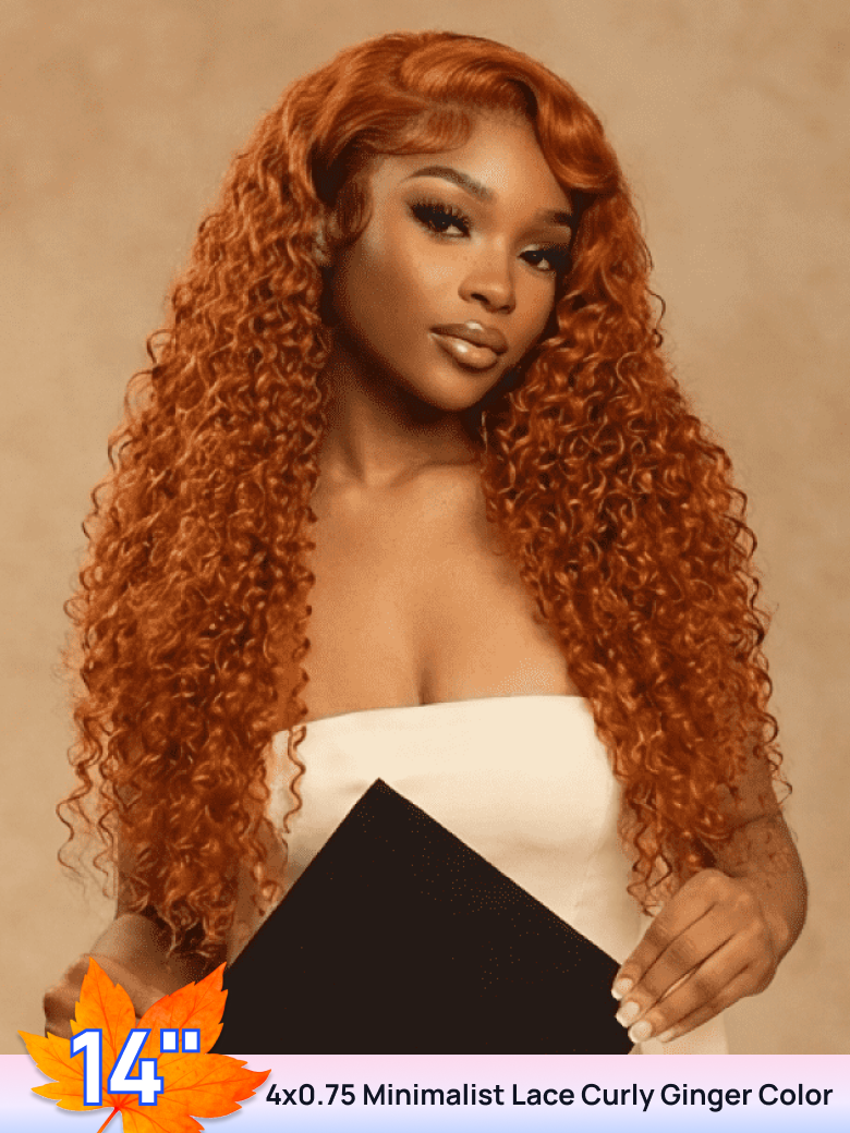 BOGO FREE 14inch Minimalist 4x0.75 Lace Curly Ginger Color Human Hair Wig