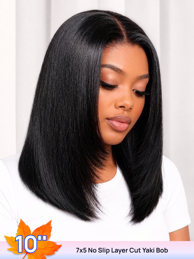 BOGO FREE 10inch 7x5 Lace No Slip Glueless Yaki Bob With Layer Cut Human Hair Wig