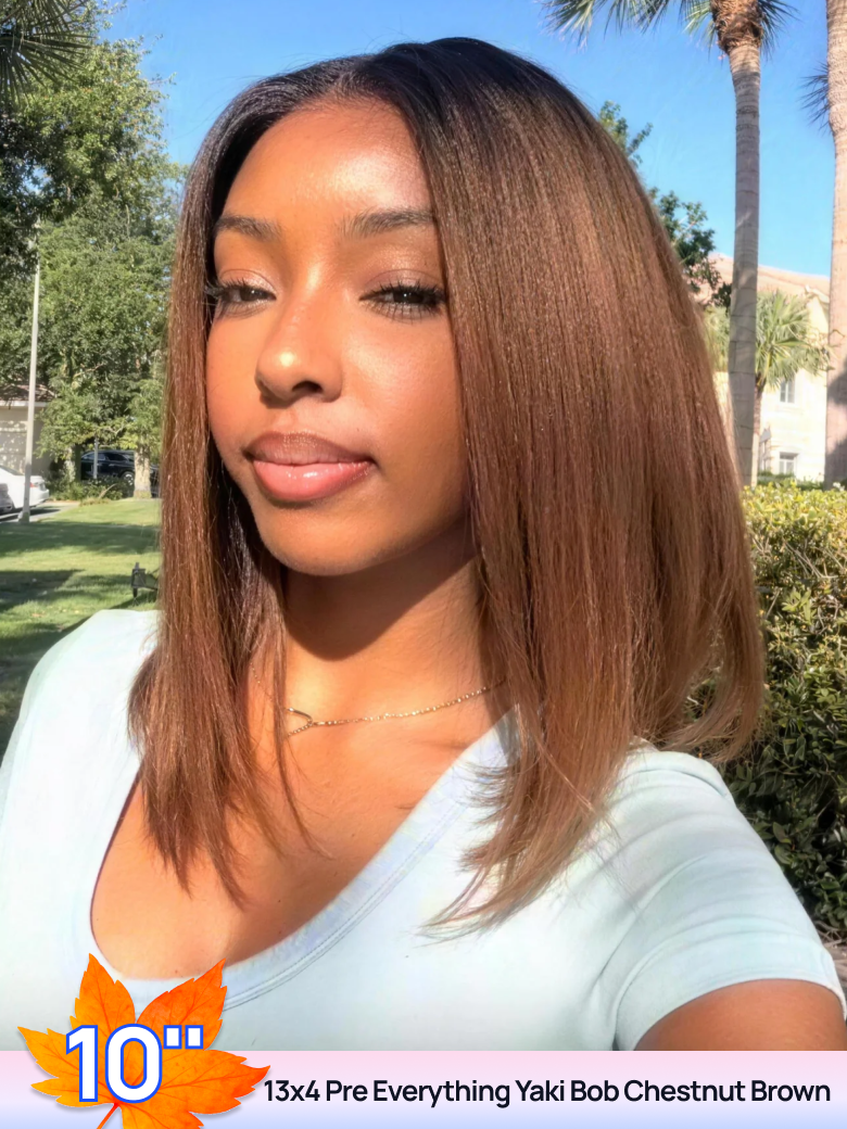 BOGO FREE 10inch Yaki Bob 13x4 Pre Everything Chestnut Brown Ombre Glueless Human Hair Wig