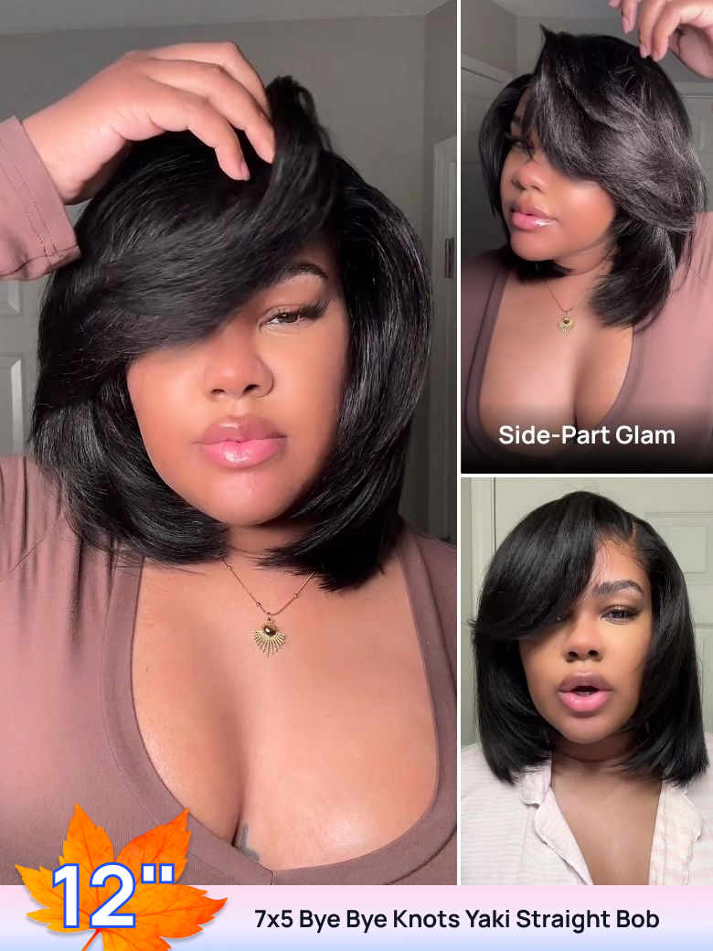 BOGO FREE 12inch Yaki Bob 7x5 Bye Bye Knots Natural Color Human Hair Glueless Wig