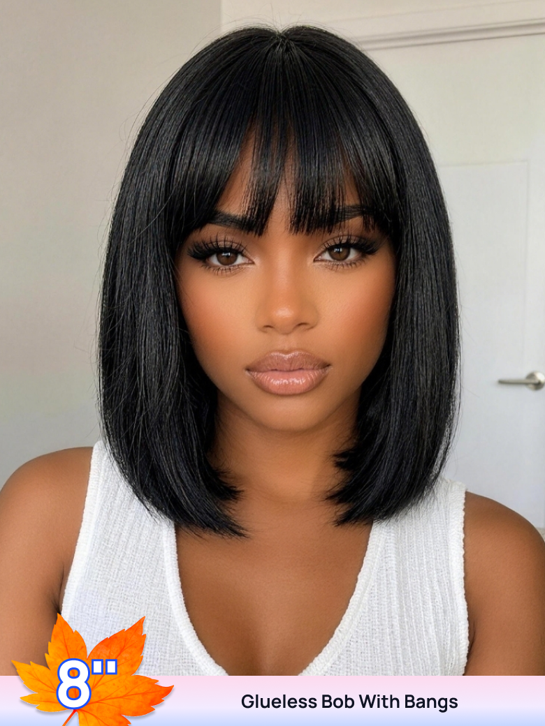 BOGO FREE 8 inch Glueless Bob Wig With Bangs Human Hair Wig