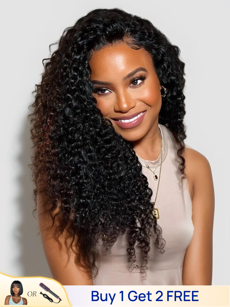 Pay 1 Get 2 7x5 Bye Bye Knots Kinky Curly Wig with Curly Edges Put On and Go Lace Closure Human Hair Wigs with Drawstring