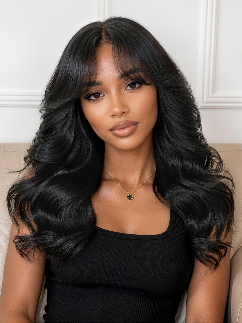 Nadula No Slip Feathered Layered Blowout with Wispy Bangs 80s Inspired Glam Shaggy Hair Glueless Human Hair Wig