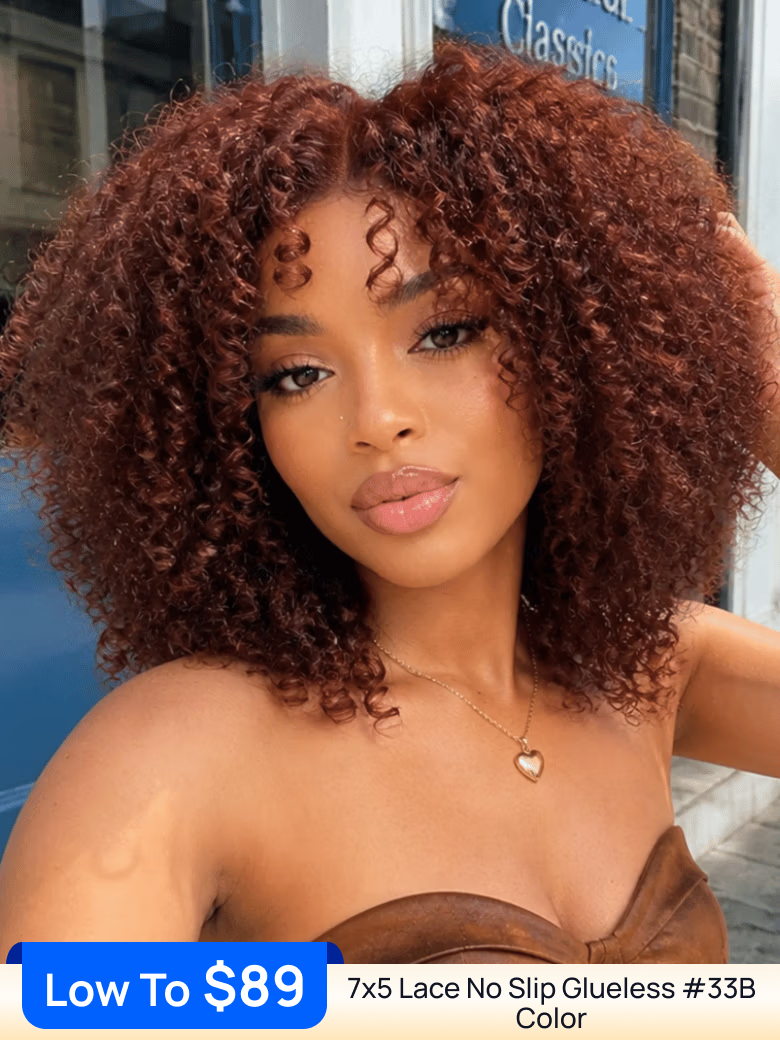 $89 Flash Sale | Nadula Jerry Curly Wig 7x5 Lace No Slip Glueless Redish Brown Color Put On And Go Human Hair Wig
