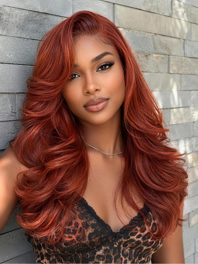 Nadula 7x5 Reddish Brown Feathered Layer Hair with Soft Side Part Bang Glueless Human Hair Wig with Drawstring