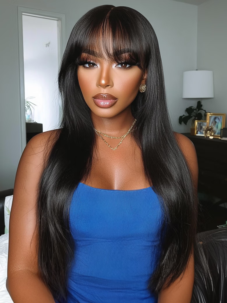 70% OFF | Nadula Yaki Straight Layered Wig with Bangs Glueless Human Hair Wig Put On and Go Wig