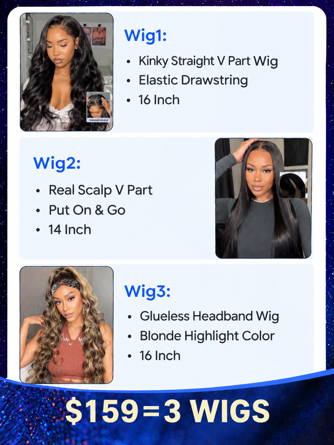 $159=3 Wigs | Nadula Special Offer 16 Inch Kinky Straight V Part Wig +16 Inch Highlight Headband Wig + 14 Inch Real Scalp V Part Wig