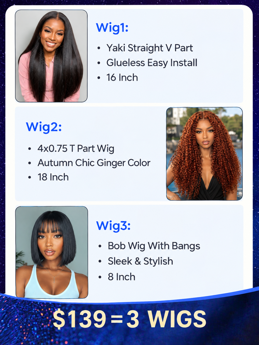 $139=3 Wigs | Nadula Special Offer 18 Inch Lace Part Wig + 16 Inch ScalpLook™ V Part Wig + 8 Inch Bob Wig With Bangs