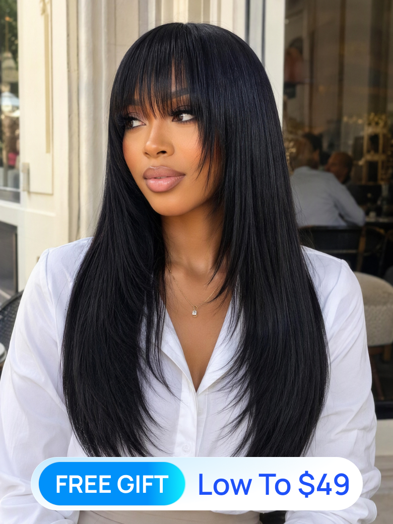 Flash Sale Nadula Glueless Minimalist Lace Long Layered Yaki Straight Wig with Wispy Bangs Machine Made Wig 100% Human Hair