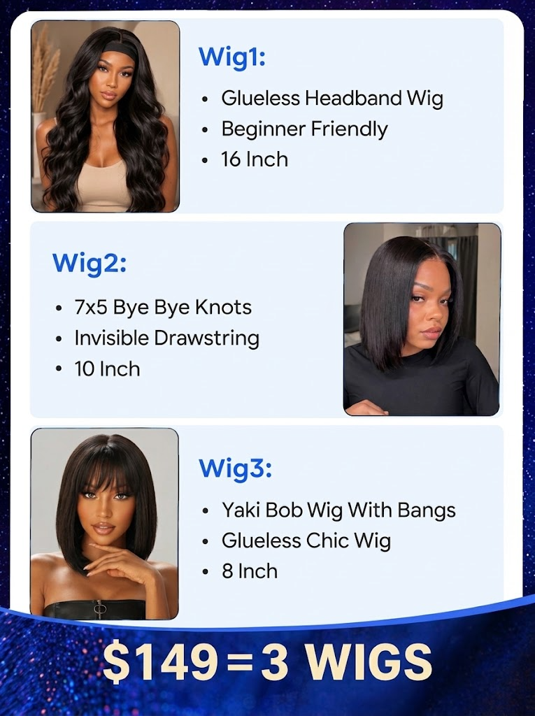 $149=3 Wigs | Nadula Special Offer 16 Inch Headband Wig + 10 Inch 7x5 Bye Bye Knots Wig + 8 Inch Sleek Bob Wig