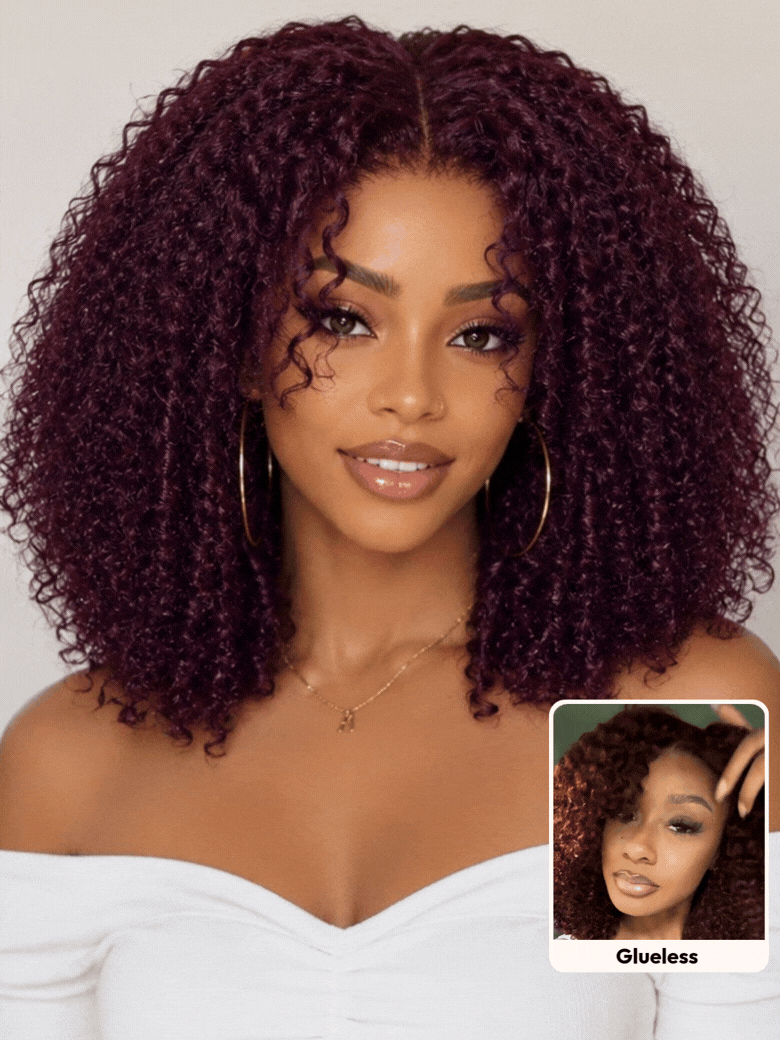 $100 OFF Nadula 7x5 No Slip Deep Burgundy Kinky Curly Wig with Finger Coils Put On and Go Glueless Wigs
